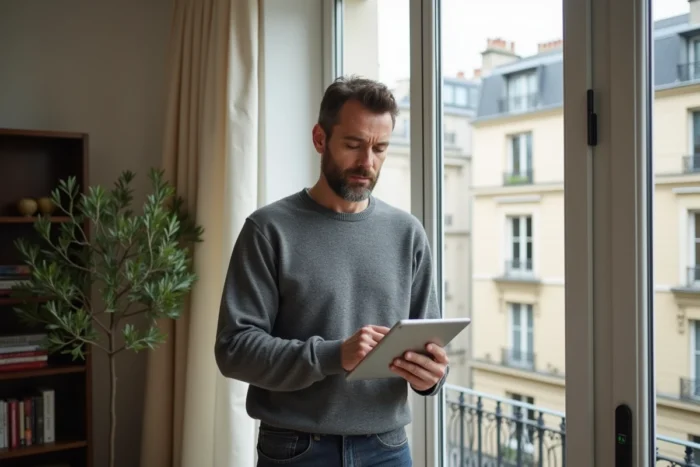 Homme d'affaires consultant les tendances du web français sur une tablette depuis son bureau à domicile avec vue sur Paris