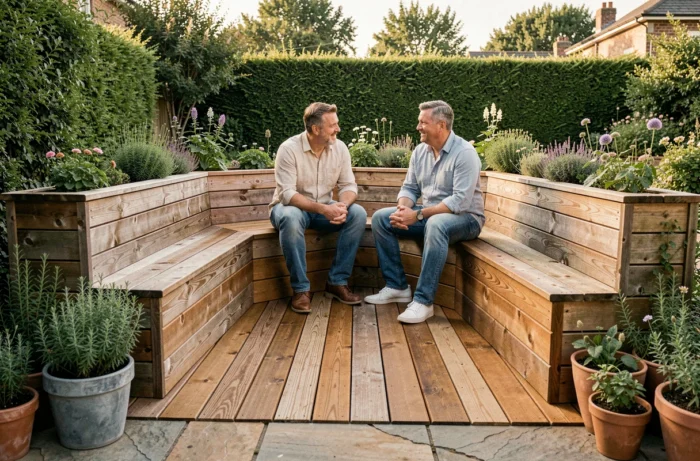 Couple profitant d'une terrasse en bois sur mesure avec banquette intégrée et jardinières dans un jardin résidentiel