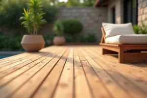Terrasse extérieure en bois de teck avec grain naturel et patine dorée, entourée de plantes vertes luxuriantes
