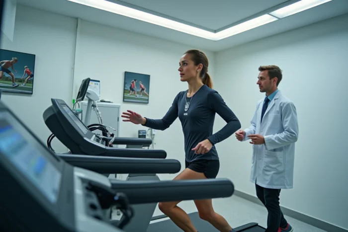 Coureuse effectuant un test d'effort cardiovasculaire en cabinet de médecine du sport pour obtenir son certificat médical trail