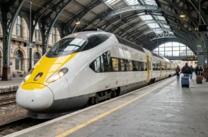 Train Eurostar arrivant en gare avec des voyageurs sur le quai, vue en perspective trois quarts