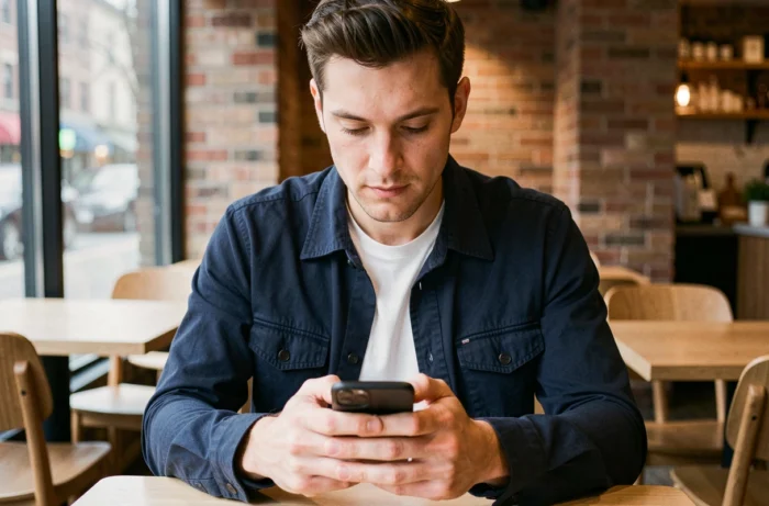 Man die een applicatie gebruikt om Instagram-verhalen anoniem te bekijken in een stedelijk café