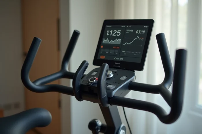 Gros plan sur le tableau de bord numérique et les poignées ergonomiques du vélo d'appartement SportPlus SP-HT-1004-IE