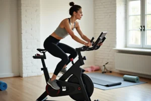 Femme utilisant un vélo d'appartement SportPlus SP-HT-1004-IE dans une salle de sport à domicile moderne