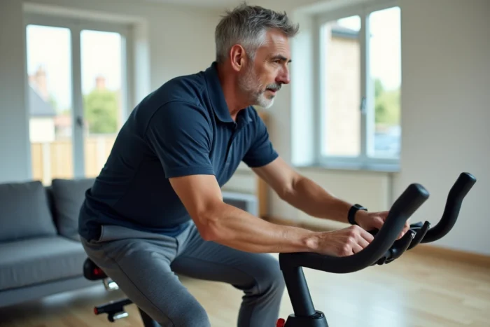 Homme réglant la selle du vélo d'appartement SportPlus SP-HT-1004-IE dans un salon lumineux