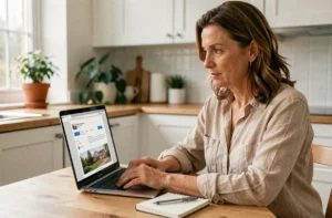 Femme qui publie une annonce immobilière sur Le Bon Coin depuis sa cuisine avec un ordinateur portable