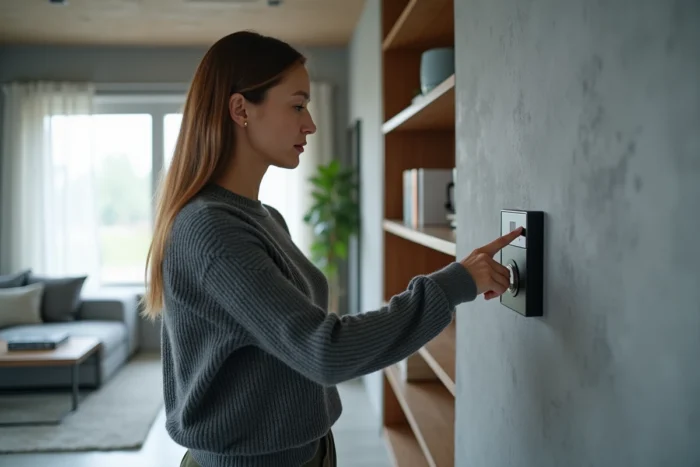 Femme vérifiant le panneau d'alarme de sécurité de sa maison dans un salon moderne