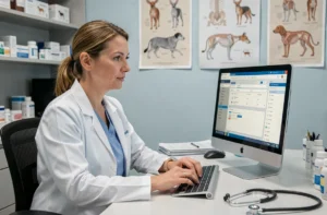Vétérinaire connectée au logiciel GMVET 1 sur ordinateur de bureau dans une clinique vétérinaire moderne