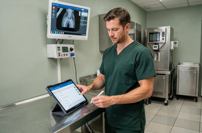 Vétérinaire consultant le logiciel de gestion GMVET sur tablette dans une salle d'examen vétérinaire