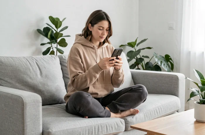 Vrouw die discreet door Instagram-verhalen navigeert vanuit haar woonkamer met een smartphone
