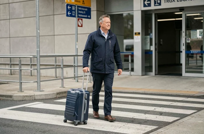 Voyageur avec valise traversant le passage piéton depuis le parking vers l'entrée de la gare de Valence TGV
