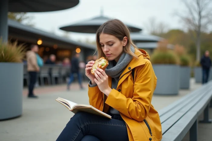 Voyageuse seule consultant son planning de visite du Futuroscope pendant une pause déjeuner sur la terrasse du parc