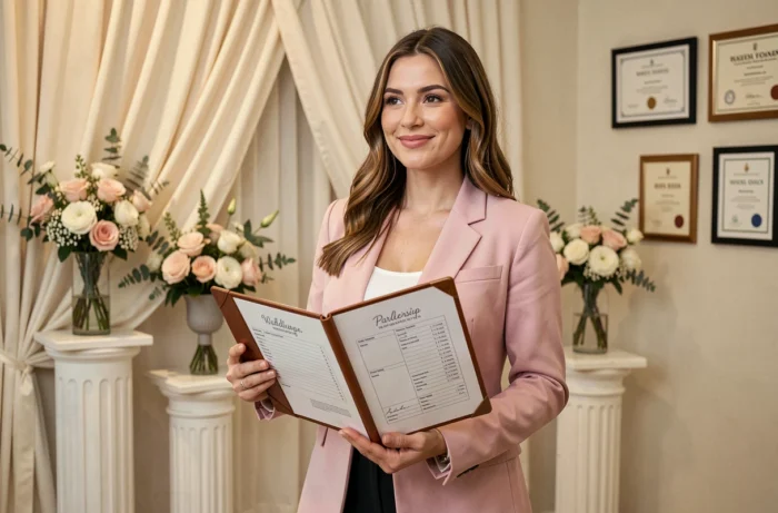 Wedding planner diplômée présentant son portfolio professionnel dans une salle de réception décorée